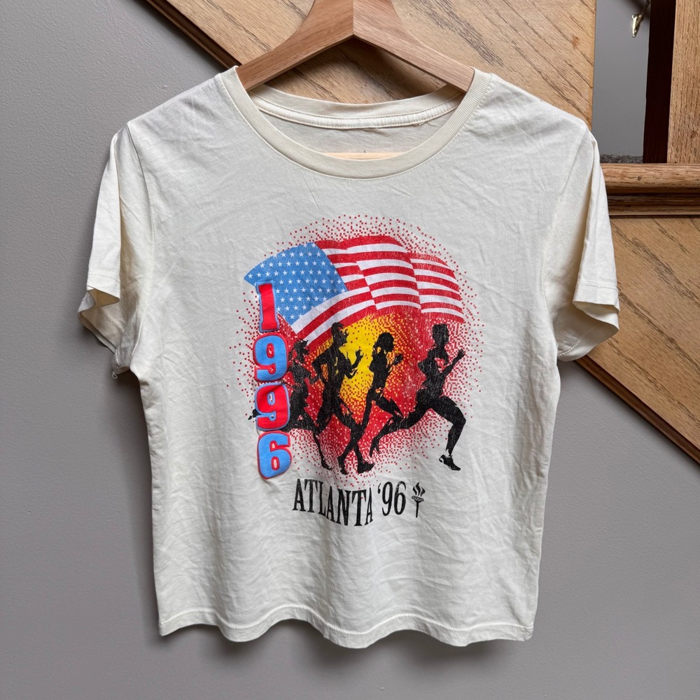 VTG Goodie Two Sleeves Atlanta 96 Olympic Graphic Crop T-Shirt Cream Women Large
